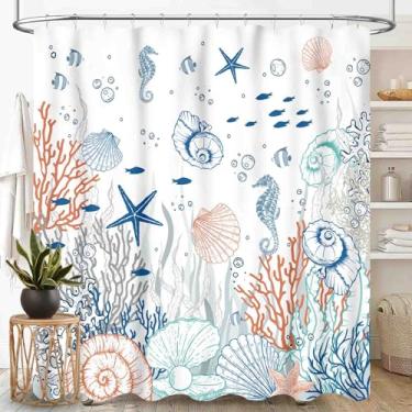 Imagem de TKUYO Cortinas de chuveiro náuticas costeiras, verão cavalo marinho estrela do mar coral oceano praia concha praia animais submarinos tecido impermeável conjunto de cortina de chuveiro de banheiro com