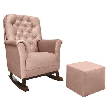 Imagem de Poltrona De Amamentação Com Balanço Agatha Pé Canoa E Puff Veludo Rosê - Phoenix Baby Veludo Rosê