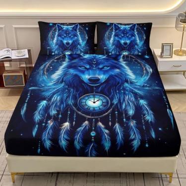 Imagem de AILONEN Jogo de lençol solteiro para meninos, lobo estrelado azul, preto, apanhador de sonhos, 3 peças, 1 lençol com elástico e 2 fronhas