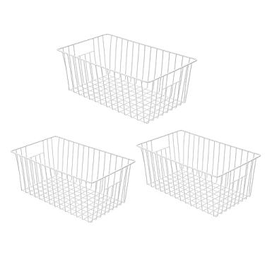 Imagem de Recipiente organizador de freezer de 40 cm x 30 cm x 30 cm de altura, caixas de armazenamento de fio de metal para geladeira com alças para cozinha, despensa, armário, armários - branco pérola (3 unidades)