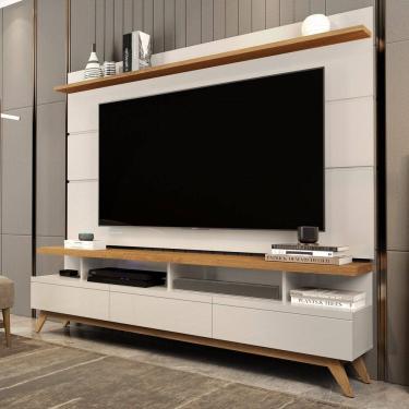 Imagem de Rack com Painel para Tv 72 Polegadas Pés em Madeira Maciça Off White/Marrom