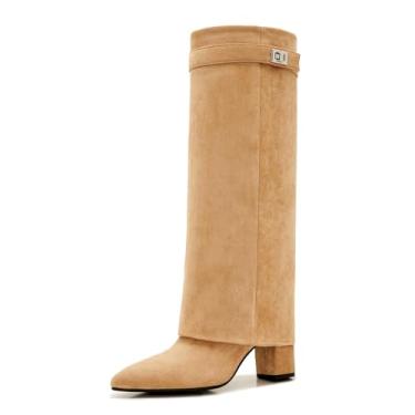 Imagem de Souactimuy Botas femininas dobradas na altura do joelho – Botas sociais de camurça sintética, salto grosso, bico fino, moda outono inverno, Bege, 41