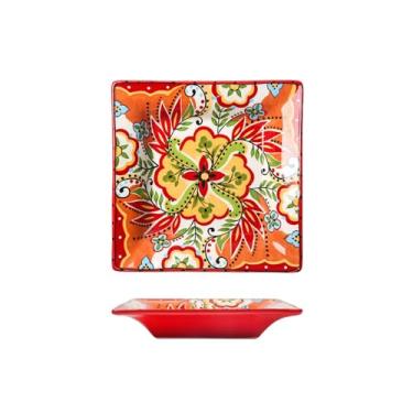 Imagem de Prato de cerâmica irregular criativo retrô simples requintado pintado à mão - Red Boca prato quadrado pequeno de 20 cm