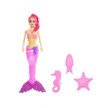 Imagem de Boneca Princesa Sereia Barbie Cauda Ascende Luz Acessorios Roxo Rosa -