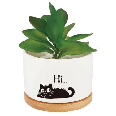 Imagem de CRASPIRE Vasos de plantas gato preto cerâmica branca bonito plantador suculento cacto flor suporte de porcelana recipiente bandeja de madeira orifício de drenagem decoração de escritório em casa para
