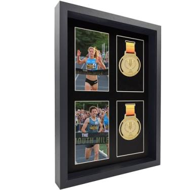 Imagem de MedalAwardsRack Expositor Shadow Box (4 Medalhas), Montado Na Parede, Vidro Temperado, Moldura De Madeira - Maratona, Triatlo E Muito Mais, Preto