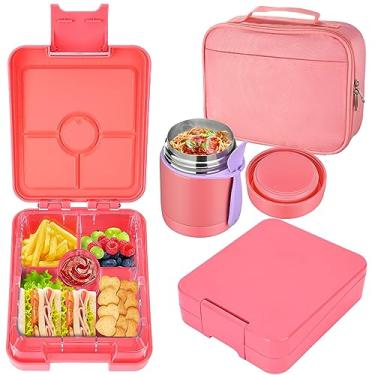 Imagem de Howeemo Conjunto De Lancheira Bento Para Crianças Com Recipiente Térmico Sopa 280 Ml, Recipientes À Prova Vazamento 4 Compartimentos, Pote Comida Quente E Bolsa Térmica Levar As Escola, Sem Bpa (Ros