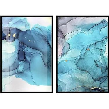 Imagem de Kit com 2 Quadros Decorativos Abstrato Azul com Moldura Caixa, na posição Vertical, ideal para ambiente de Sala, Quarto, Escritorio e Hall de entrada