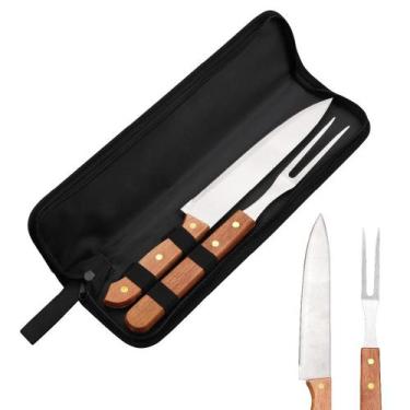Imagem de Kit Churrasco 3 Peças Aço Inox e Estojo Faca e Garfo Resistente Grillr
