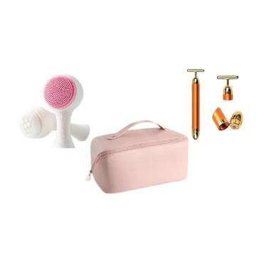 Imagem de Kit Beleza 3 em 1 Feminino – Bolsa Maquiagem Premium + Escova Limpeza Facial Dupla Face + Massageador Facial Dourado