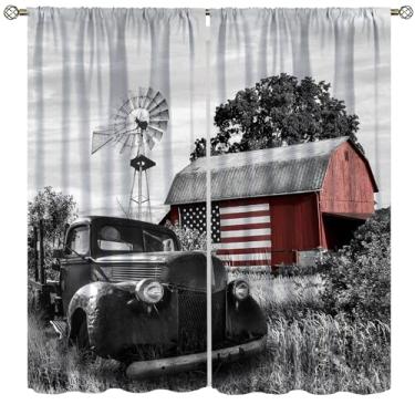 Imagem de AAVEUP Cortinas blecaute de caminhão de fazenda rural para janela, moinho de vento vintage rústico vermelho trator de fazenda bandeira de caminhão estampa para cozinha, quarto, sala de estar 106,7 x
