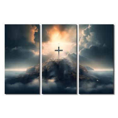Imagem de Arte de parede cruzada Sunshine Dawn Dawns Cross Christian Wall Art Painting the Picture Print on Canvas Religiion Pictures for Catolic Wall Crucifixo Home Decor Gift Ready to Hang 71 cm L x 106 cm A
