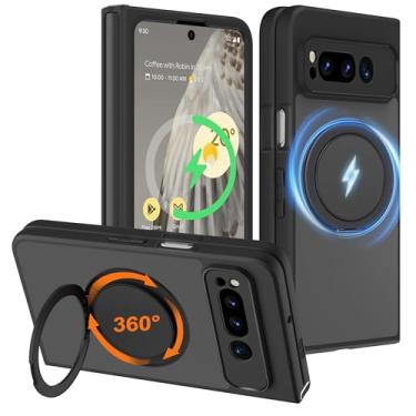 Imagem de HikerClub Magnético Capa para Google Pixel Fold (2023), suporte com anel giratório 360 [efeito sonoro de alívio do estresse], capa à prova de choque preta mate translúcida anti-riscos de ajuste fino