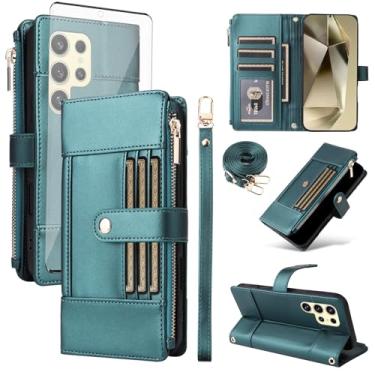 Imagem de Asuwish Capa de celular para Samsung Galaxy S23 Ultra 5G com protetor de tela de vidro temperado com bloqueio de RFID, alça flip para cartão S23Ultra 23S S 23 23Ultra 17.3 cm mulheres homens azul