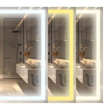 Imagem de Espelho Quadrado 3 Tons de LED Vários tamanhos parede moderno jateado lapidado decorativo com iluminação Sensor touch screen LUZ QUENTE NEUTRO E FRIO (3 em 1 - LED QUENTE, NEUTRO E FRIO, 80x80cm)