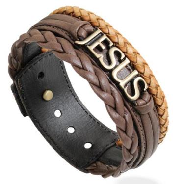 Imagem de Pulseira Ajustável De Couro Masculina Trança Jesus Proteção Preto Marr