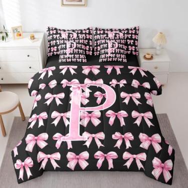 Imagem de Conjunto de cama solteiro com laço rosa e preto, 7 peças, com iniciais de flores, conjunto de edredom com lençol com monograma e laço para meninas adolescentes, presentes de aniversário iniciais para