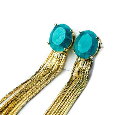 Imagem de Brinco Nlux Franja Topinho Facetado Amazonita Dourado