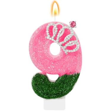 Imagem de IDIJOLI Wicked Vela de aniversário rosa e verde número 9 vela 9º aniversário topo de bolo decoração de cupcake decoração de festa temática de bruxa decorações de festa comemorações de aniversário