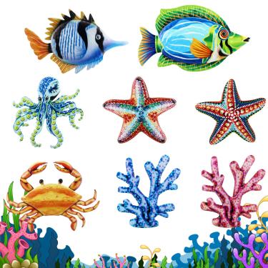 Imagem de Tandefio 8 peças de decoração de parede de metal decoração de parede para pendurar esculturas internas para jardim, cerca, piscina, varanda (estrela-do-mar, coral, polvo, peixe)
