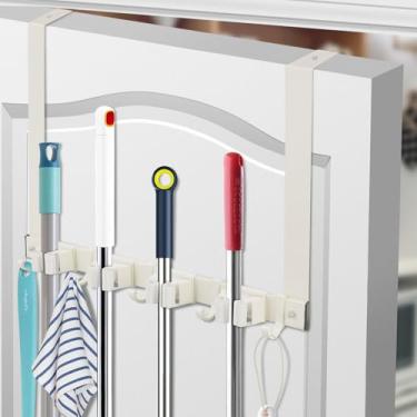 Imagem de Suporte de pendurar para vassoura móvel e esfregão com 4 prateleiras deslizantes, 5 ganchos, suporte de parede para esfregão e vassoura de metal com 2 ganchos de porta, organizador de armazenamento de