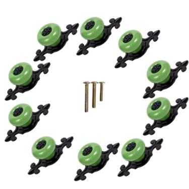 Imagem de Eledabra Puxadores de cerâmica retrô, cômoda vintage verde com pétalas de cozinha, puxadores rústicos de liga de zinco, placa traseira preta, puxadores de porta de gaveta de armário infantil (verde