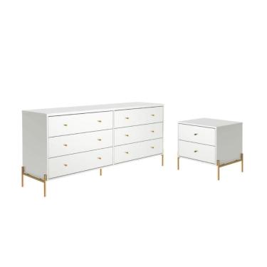 Imagem de Cômoda 6 Gavetas e Mesa de Cabeceira Jasper Branco Dourado
