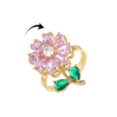 Imagem de Anel giratório giratório de flores para mulheres, banhado a ouro, cristal, floral, ansiedade, zircônia, girassol, margarida, aberto, ajustável, eternidade, compromisso, joia moderna para alívio do
