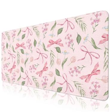 Imagem de DINKY Tapete de mouse grande XXL, tapete de mesa floral rosa para desktop, mousepad de jogos de couro PU, protetor de arco fofo, almofadas de mesa para mulheres e meninas, 89,9 cm x 39,9 cm