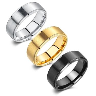Imagem de Corato 3 peças de anéis de titânio para homens 8 mm, conjunto de alianças de casamento masculinas ouro preto prata aço inoxidável acabamento escovado fosco bordas escalonadas anel de ajuste