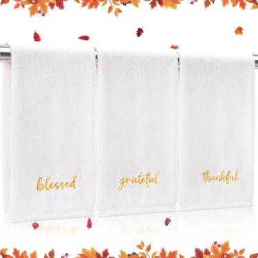 Imagem de JarThenaAMCS Toalhas de mão outono Dia de Ação de Graças Algodão Bordado Toalha de Banho Ouro Branco Toalha de Banho Absorvente para Secagem à Mão Limpeza Cozinhar, 29,5 x 13,7 polegadas, 3 peças