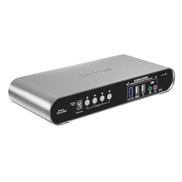 Imagem de Terived Monitores De Computador Dp Mst Kvm Switch 4K A 60Hz, Monitor Quad Usb 3.0, Tecla Atalho E Controle Remoto Com Fio, Estrutura Alumínio, Display Digital, Áudio/Microfone, Hdr10 Cabos (Windows)