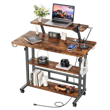 Imagem de Mesa de pé de altura ajustável com tomadas, mesa com suporte para monitor e prateleiras de armazenamento, mesa pequena para computador móvel de 80 cm, mesa portátil para laptop (marrom retrô)