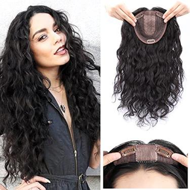 Imagem de AiUree Topper de cabelo humano encaracolado natural feminino clipe de peruca em apliques de cabelo 13 x 14 cm peças de coroa de seda parte do meio para cobrir queda de cabelo 30 cm cor preta