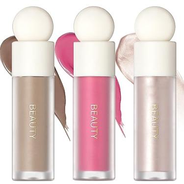 Imagem de Erinde Conjunto de contorno de blush líquido de 3 cores, bronzeador de blush facial fosco natural, iluminador líquido brilhante natural para rosto e corpo, textura suave e sedosa, leve, sem crueldade