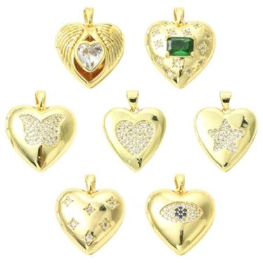 Imagem de UR URLIFEHALL 7 peças, 7 estilos, pingentes de medalhão de coração de latão zircônia cúbica borboleta estrela olho turco pingentes em forma de coração para pulseira faça você mesmo colar de joias