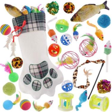 Imagem de Meia de Natal QBSM Cat com 26 brinquedos Plaid Paw para animais de est