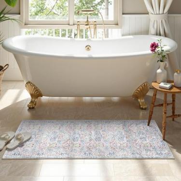 Imagem de Uphome Tapete de banheiro floral vintage, 45,7 x 128 cm, antiderrapante, macio, felpudo longo, para casa de banho, ultra absorvente, grosso, lavável à máquina, secagem rápida, tapete de banho para
