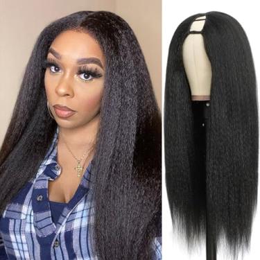 Imagem de Perucas de cabelo humano liso Kinky Upgrade U Part Wig EasiContour U Part perucas de cabelo humano com cordão, 200% densidade desgaste e não cola peruca de cabelo humano clipe de cabeça inteira na