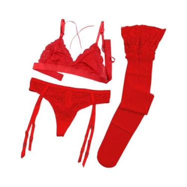 Imagem de Conjunto De Sutiã De Renda Feminino Não Acolchoado Calcinha Liga Meias
