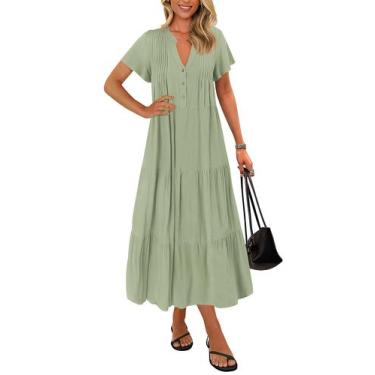 Imagem de Vestido de verão KIRUNDO 2025 com botão, decote em V, plissado, solto 