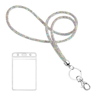 Imagem de GSHLLO Cordão de strass de 40 cm Cordão de pescoço de cristal chaveiro porta-crachá de identificação brilhante para escritório Cinta de pescoço brilhante com suporte de cartão de plástico transparente