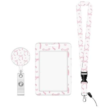 Imagem de Cordão de crachá de laço rosa com suporte de cartão retrátil para identidade, etiqueta de nome, alça de pescoço, porta-chaves, chaveiro, cordão ao redor do pescoço com clipe para trabalhadores de