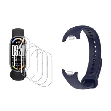 Imagem de Kit Pulseira Silicone Flexível para Xiaomi Mi Band 5 /Mi band 6 /Mi band 7 /Mi band 8 /Mi band 9 + 2x Película Protetora Gel Ultra-Slim (Azul escuro Mi 5 + 2x pelicula)