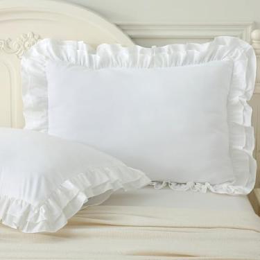 Imagem de Aryeleay Conjunto de fronhas com babados, pacote com 2 fronhas com babados, 100% poliéster, tamanho padrão, capas de travesseiro com fecho de envelope (51 x 66 cm, branco)