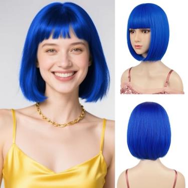 Imagem de Sarannala Peruca Bob com franja plana 30 cm curta azul real inclui touca de cabelo de fibra sintética para mulheres, meninas, festa à fantasia de Halloween (azul royal)