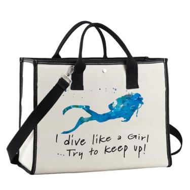 Imagem de POFULL Presente de menina de mergulho Scuba Gift Ocean Lover Tote Bag I Dive Like A Girl Try To Keep Up reutilizável bolsa de mercearia, I Dive Like Ltote