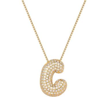 Imagem de Mint & Lily Colar feminino com inicial de ouro Pave Bubble – banhado a ouro 18K sobre latão com corrente delicada, presente para mulheres, Latão, Sem Pedra Preciosa