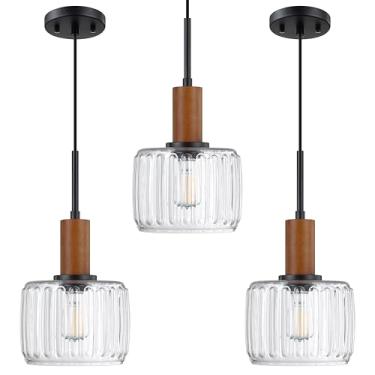 Imagem de 3 unidades 1 luminária industrial moderna casa de fazenda pendurada ilha cozinha pingente luminárias de teto, madeira natural 18,3 cm vidro texturizado transparente acabamento preto sobre a pia