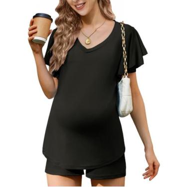 Imagem de Conjunto de pijamas de maternidade Ekouaer Flowing Short Manga Curta P
